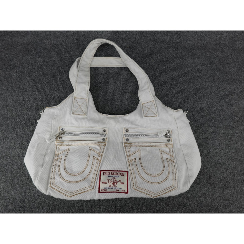 True Religion Shoulder Bag Womens Large White Fair Y2K Denim Horseshoe Logo